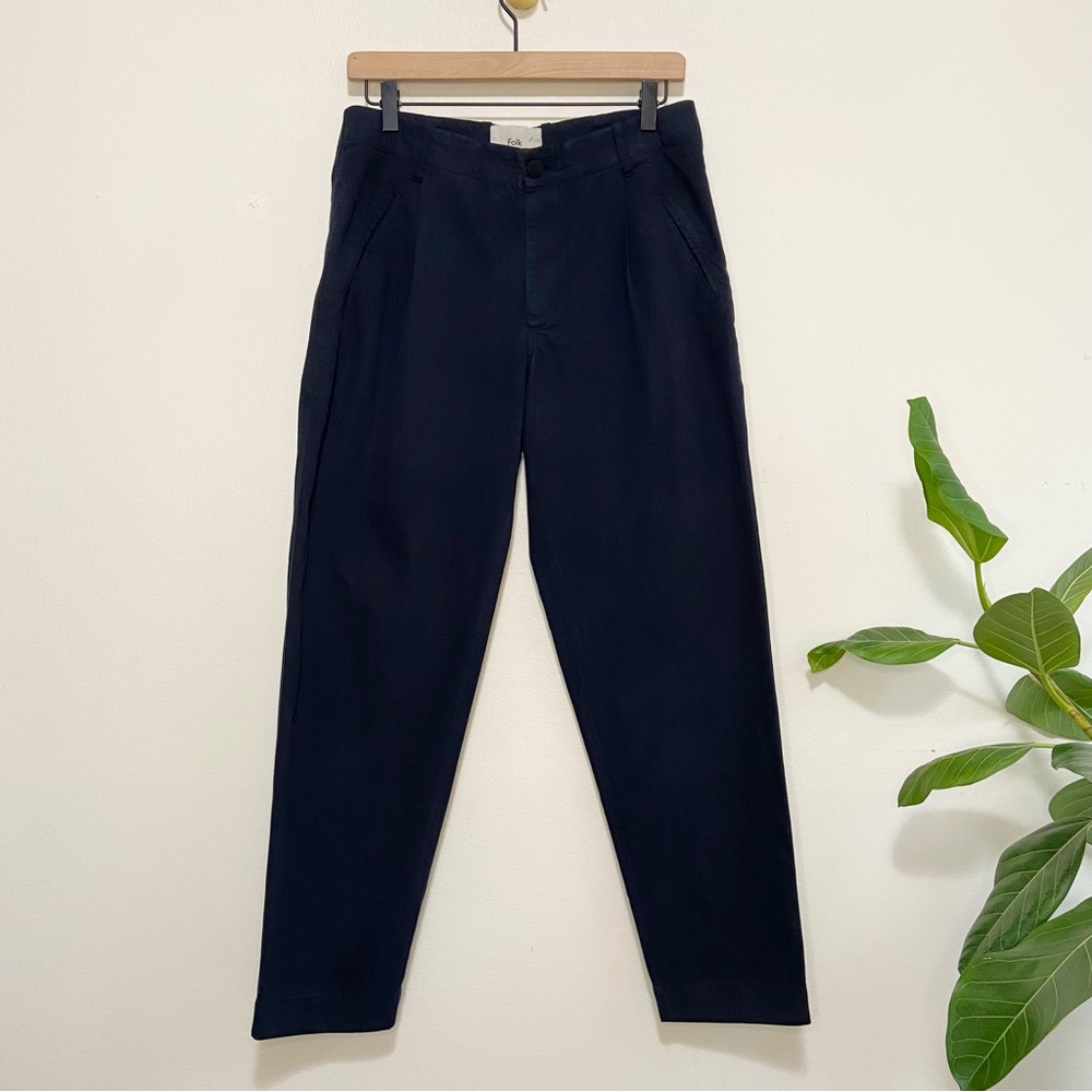 Folk Navy Blue High Rise Button Fly Straight Leg Cotton Trouser Pants